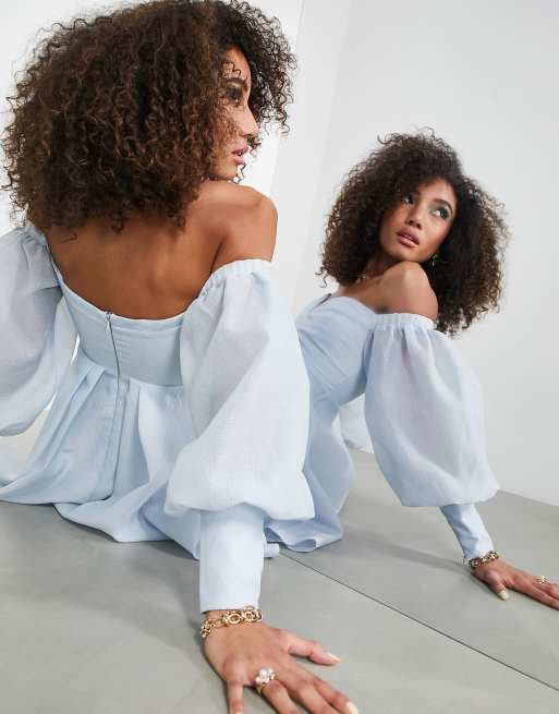 ASOS EDITION off shoulder organza mini trapeze dress in powder blue, 2 of 4