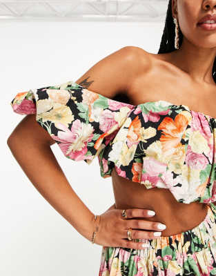 ASOS EDITION off shoulder puff crop top in dark floral chintz