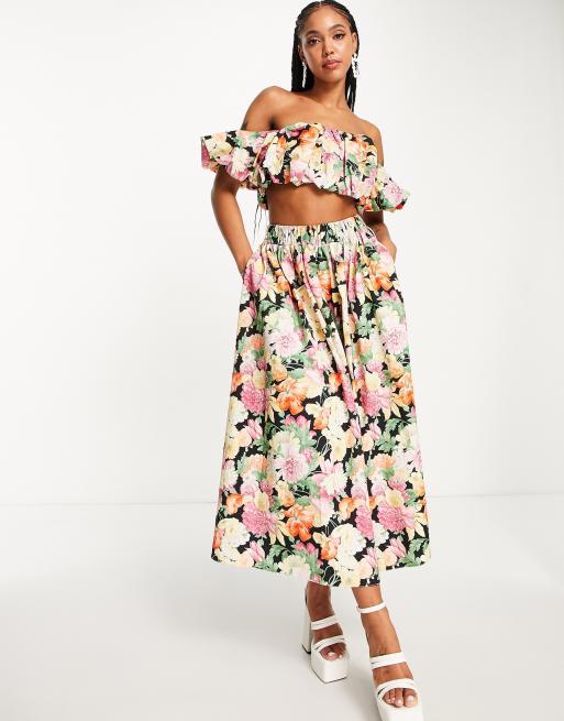 ASOS EDITION off shoulder puff crop top in dark floral chintz print