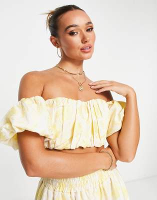 Asos Design Off Shoulder Puff Crop Top In Yellow Floral Jacquard