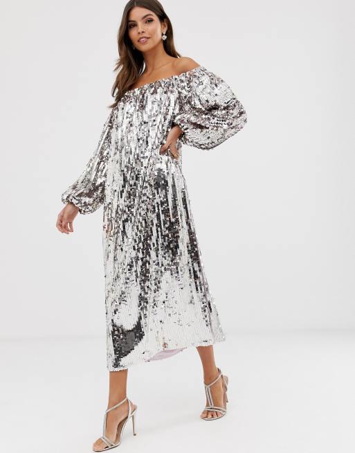 ASOS EDITION off shoulder sequin midi dress