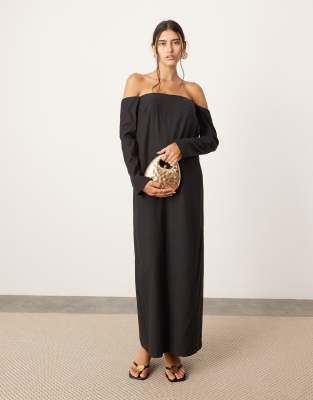 off shoulder structured column maxi dress with pockets in black