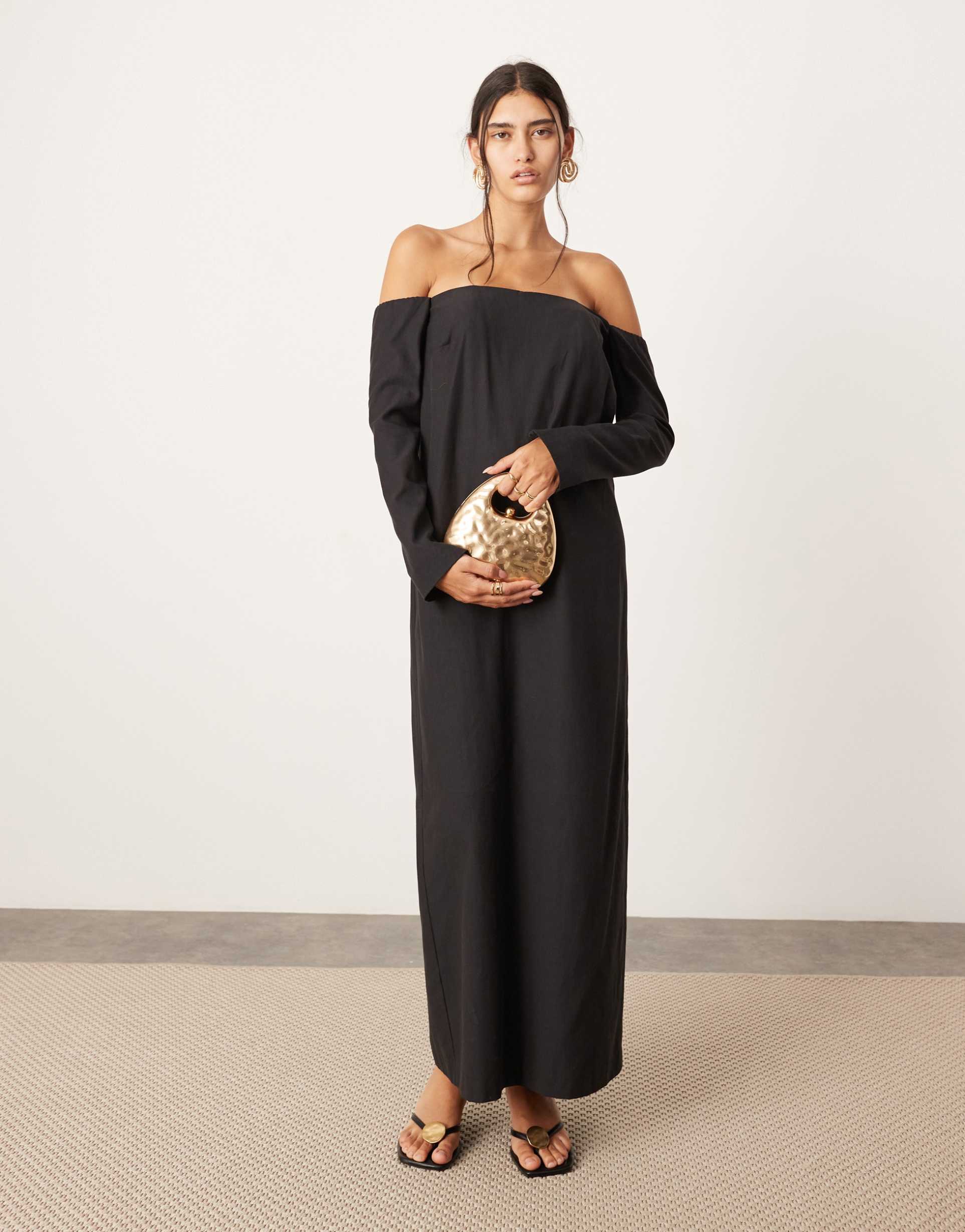 asos edition off shoulder structured column maxi dress with pockets in black