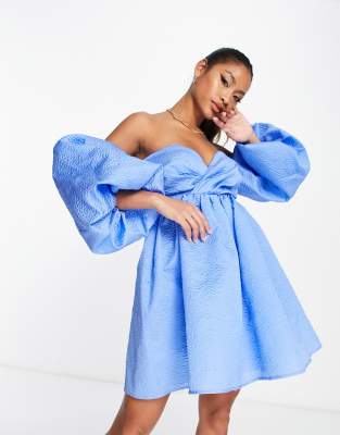 Asos Design Off Shoulder Textured Mini Dress With Blouson Sleeve In Blue