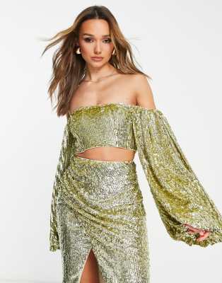 ASOS EDITION off-shoulder tie back top in pale gold sequin