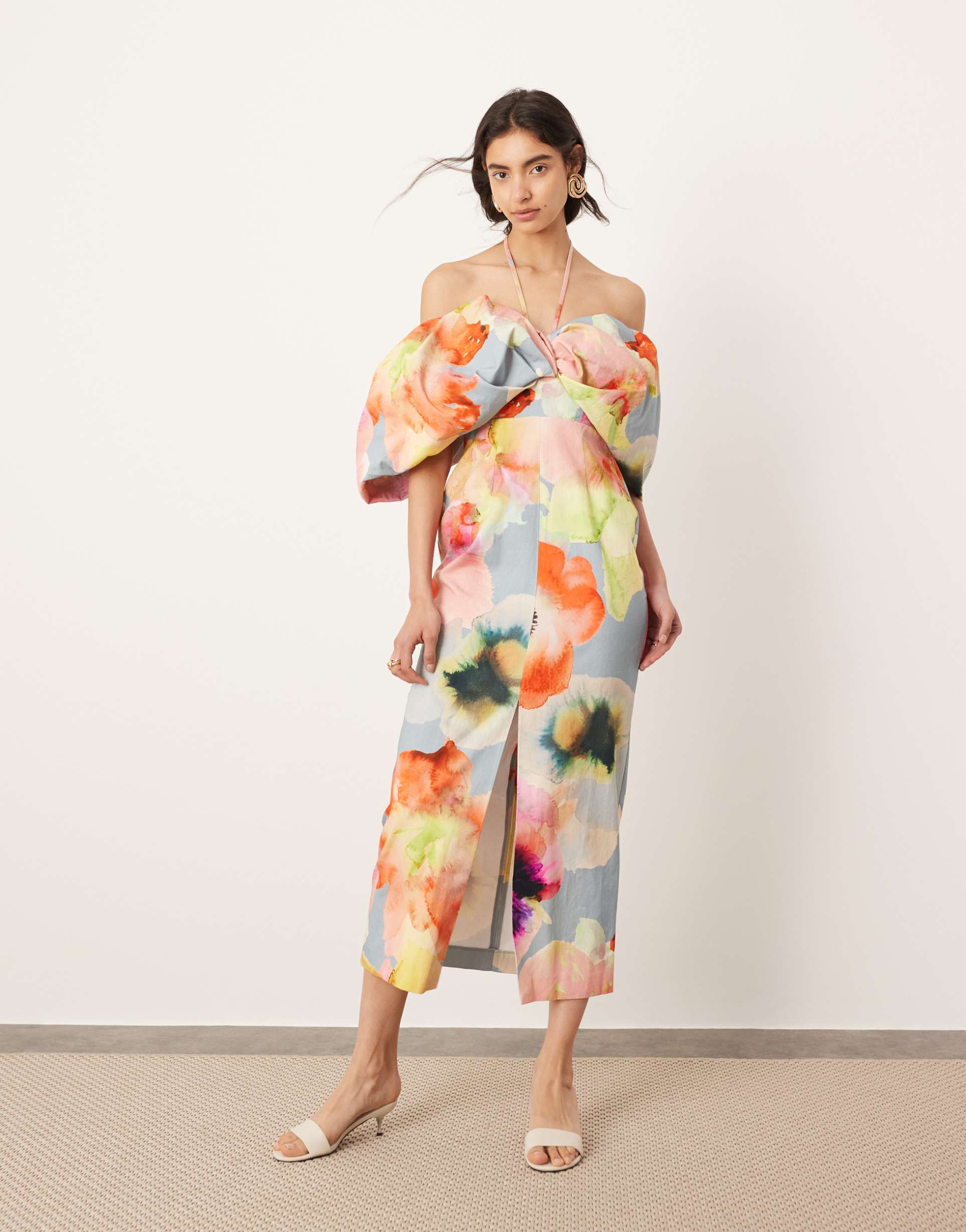 asos edition off the shoulder bow tie neck detail midi dress in blue floral print