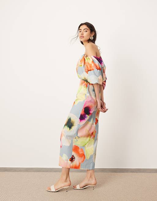 Bow Tie Waist Floral Patterned Off-shoulder Dress Bow Tie Waist Floral Patterned Off-shoulder Dress