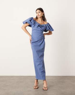 Asos Design Off The Shoulder Ruched Puff Sleeve Maxi Dress In Blue