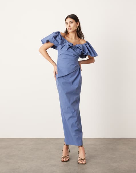 ASOS EDITION off the shoulder ruched puff sleeve maxi dress in blue - view 1