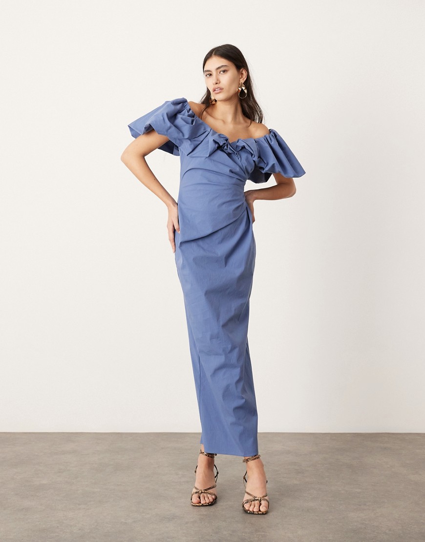 off the shoulder ruched puff sleeve maxi dress in blue