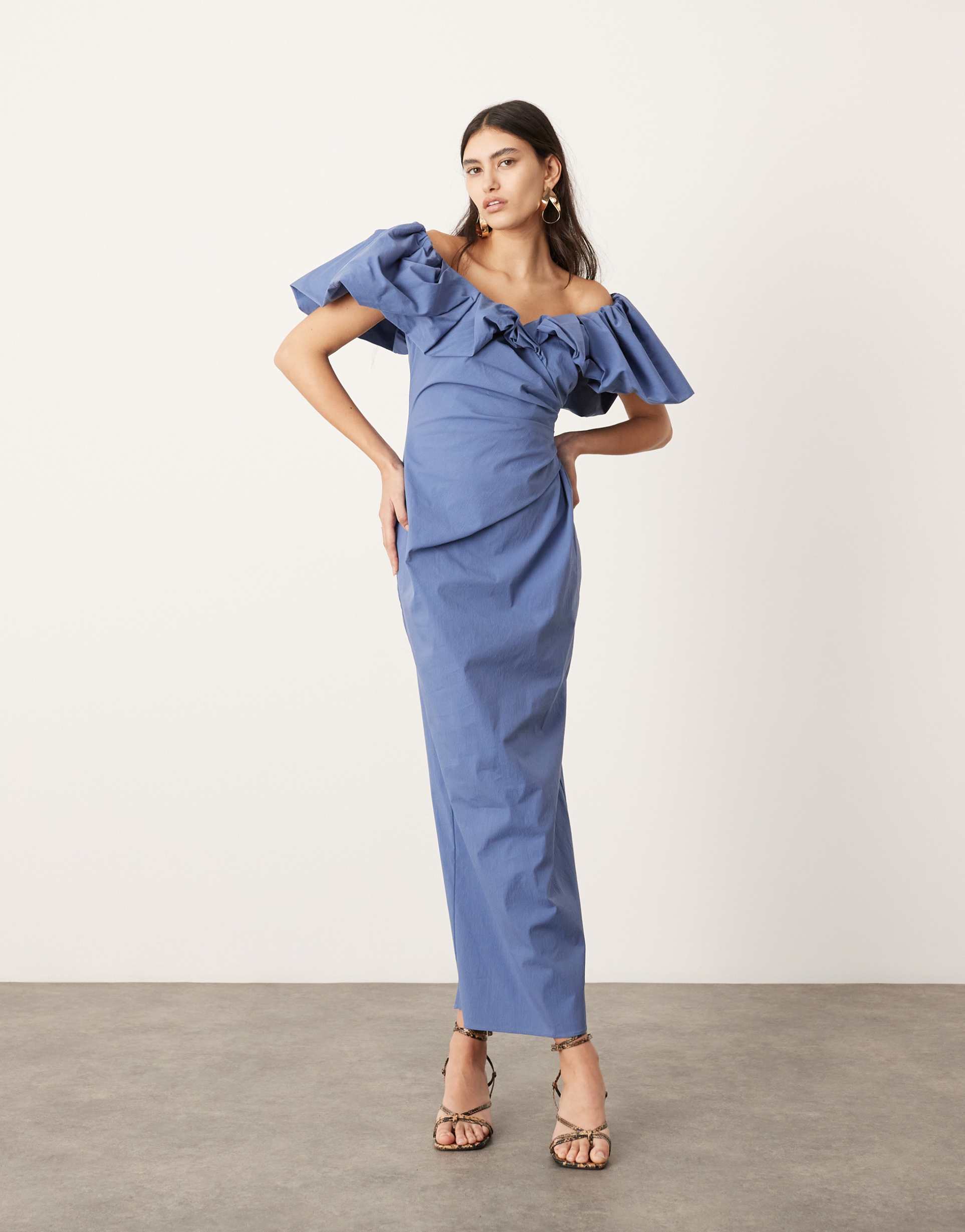 asos edition off the shoulder ruched puff sleeve maxi dress in blue