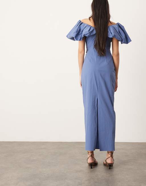 ASOS EDITION off the shoulder ruched puff sleeve maxi dress in blue ASOS