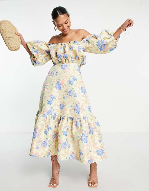 ASOS EDITION - Offshoulder-midikjole med blouson-ærmer i blomstret jacquard