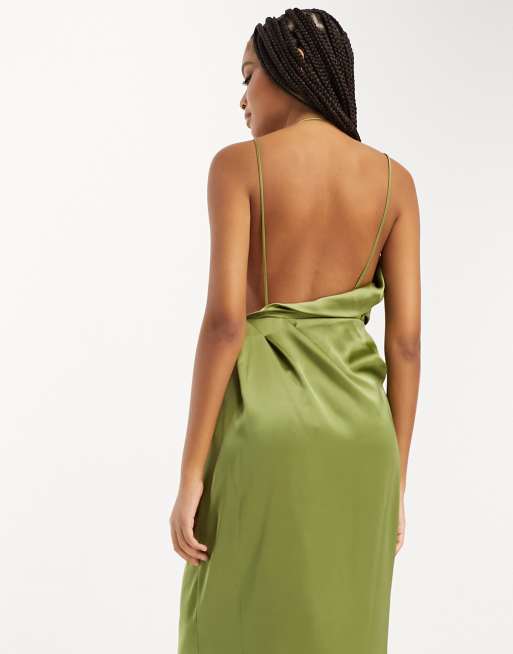 ASOS EDITION – Olivgrön midiklänning av satin med smala band baktill och draperad ringning, 3 av 4