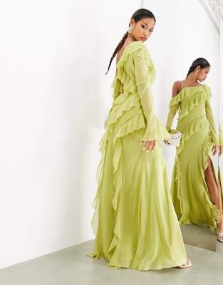 ASOS Edition – Oliwkowozielona asymetryczna sukienka maxi z odsłoniętymi ramionami i falbankami
