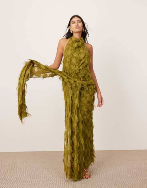 ASOS Edition – Oliwkowozielona fakturowana sukienka maxi z drapowanym dekoltem typu halter i marszczeniem