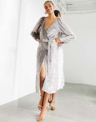 ASOS EDITION ombre sequin wrap dress in silver | ASOS