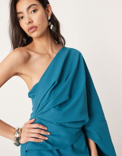 ASOS EDITION one shoulder drape midi dress in teal blue, 3 of 4