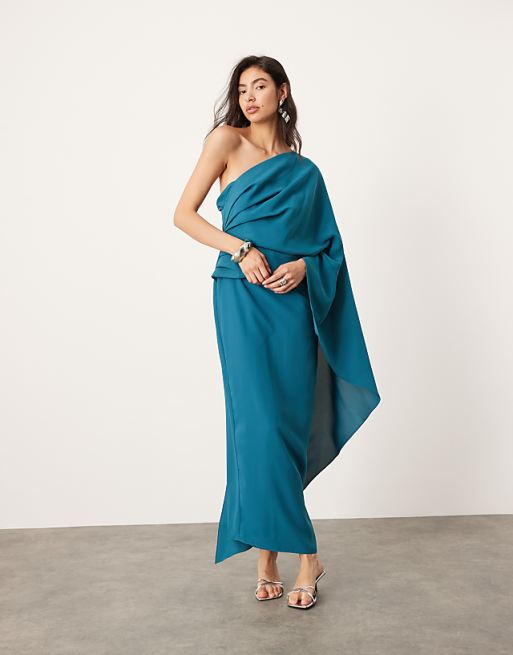 teal one shoulder dress Coast Corsage Ruffle Crepe Midi 100% Polyester. Lavetir Bridesmaid Dresses Dark Green