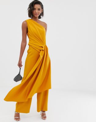 ASOS EDITION one shoulder drape side jumpsuit-Orange