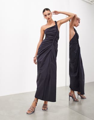 ASOS Edition - One-Shoulder-Maxikleid in Stahlgrau mit verdrehten Details-Schwarz