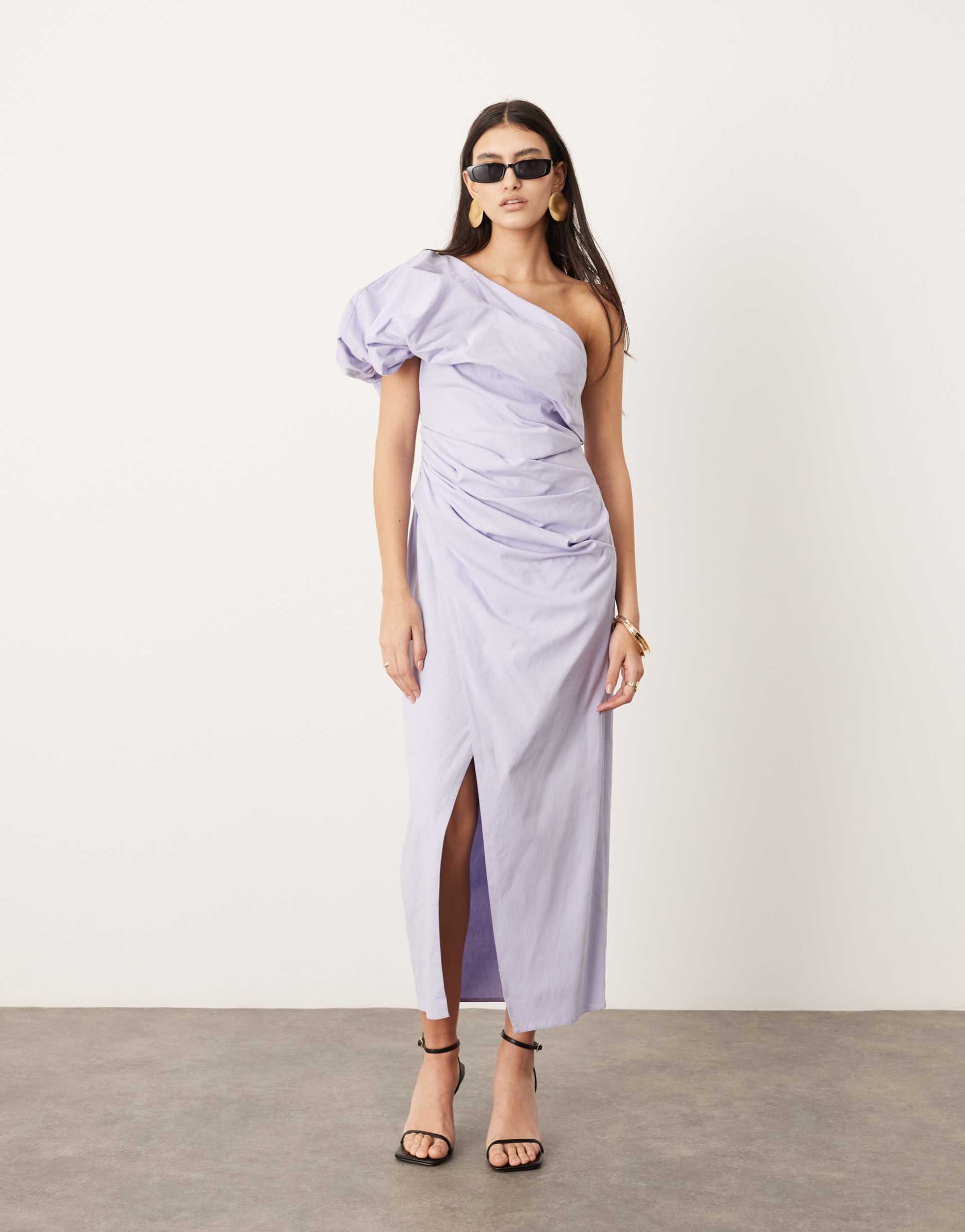 asos edition one shoulder ruched maxi dress in lilac