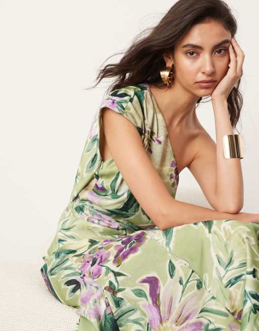 ASOS EDITION one shoulder seam detail maxi dress with full skirt in green floral print