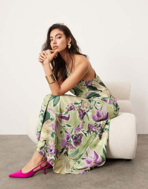 ASOS EDITION one shoulder seam detail maxi dress with full skirt in green floral print