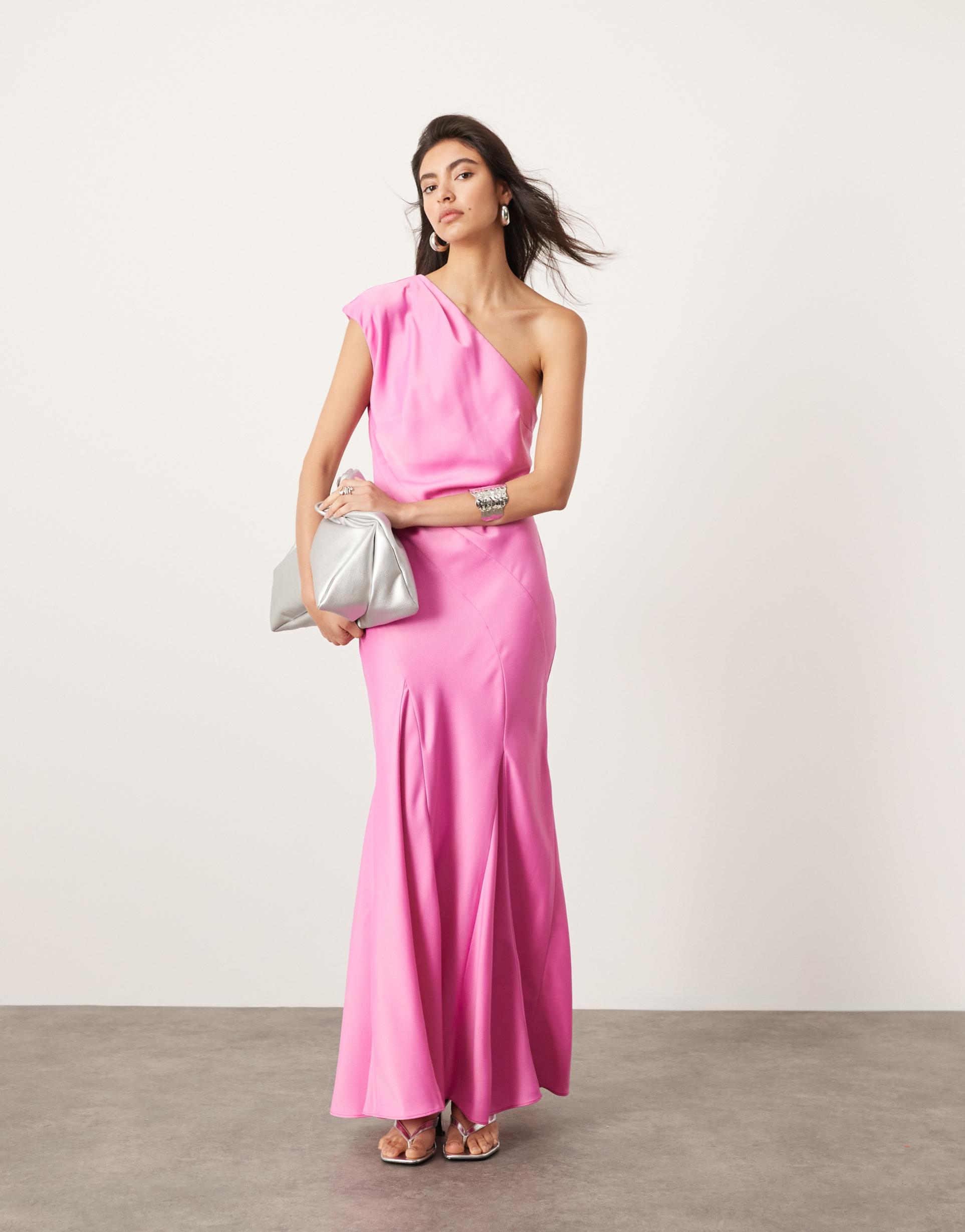 asos edition one shoulder seam detail maxi dress with full skirt in pink