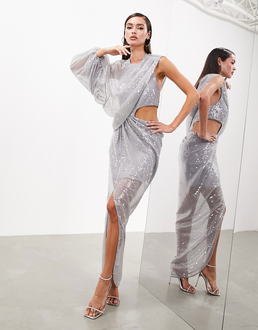 ASOS EDITION one sleeve cut out detail maxi dress in silver sequin