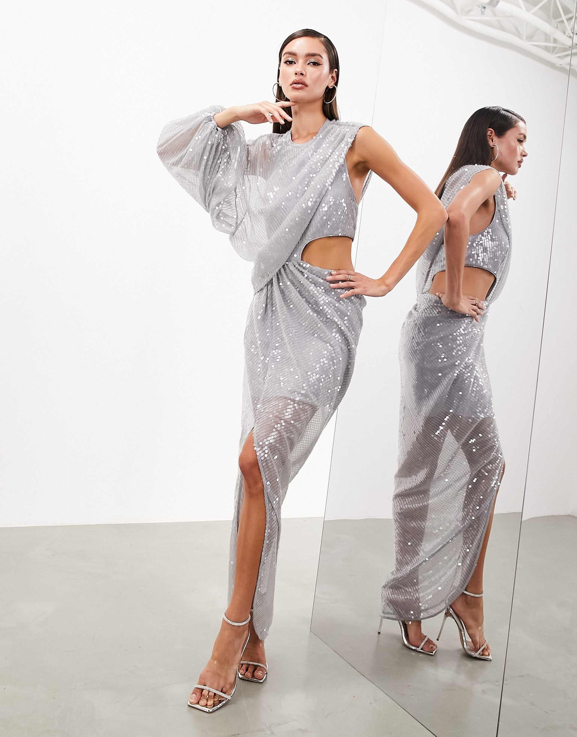 asos edition one sleeve cut out detail maxi dress in silver sequin