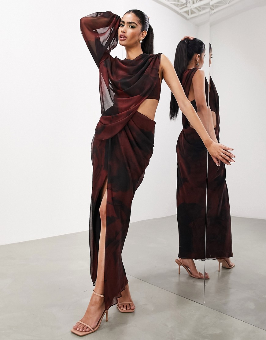 ASOS EDITION one sleeve draped asymmetric grecian maxi dress in dark red blurred floral-Multi