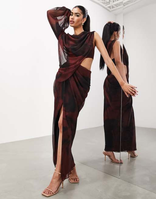 ASOS EDITION one sleeve draped asymmetric Grecian maxi dress in dark red blurred floral ASOS