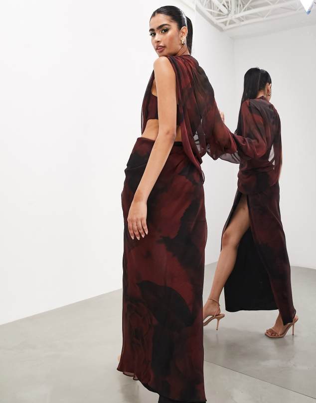 ASOS Edition One Sleeve Draped Asymmetric Grecian Maxi Dress in Dark Red Blurred Floral