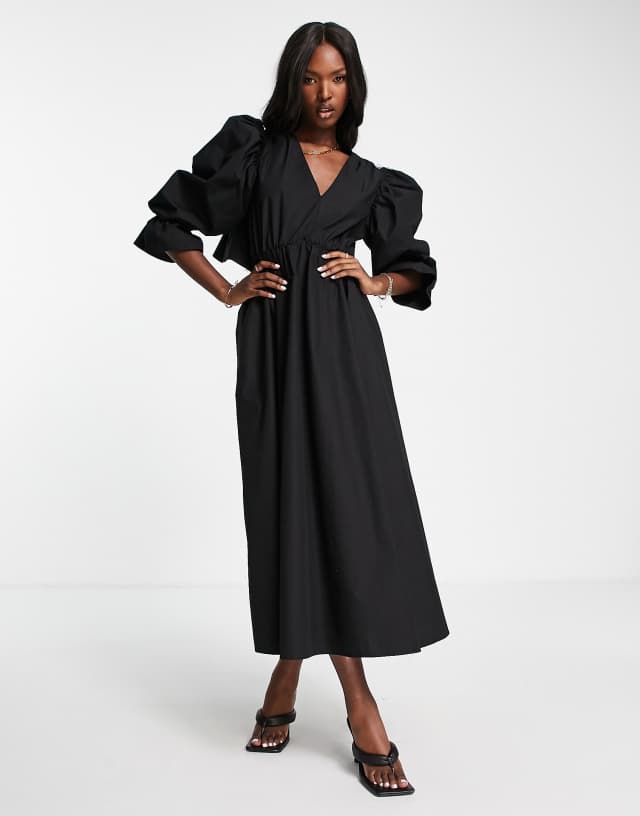 ASOS EDITION open back midi dress with puff sleeves in black