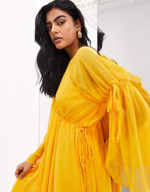 ASOS EDITION – Orange, långärmad maxiklänning i chiffong med indragen detalj, 2 av 4