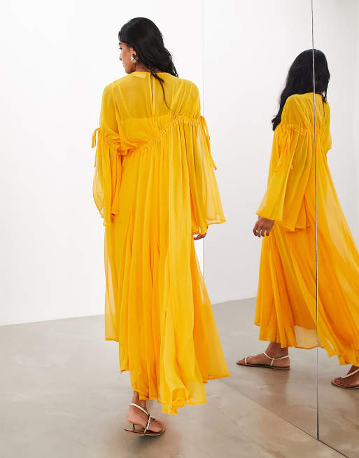 ASOS EDITION – Orange, långärmad maxiklänning i chiffong med indragen detalj, 4 av 4