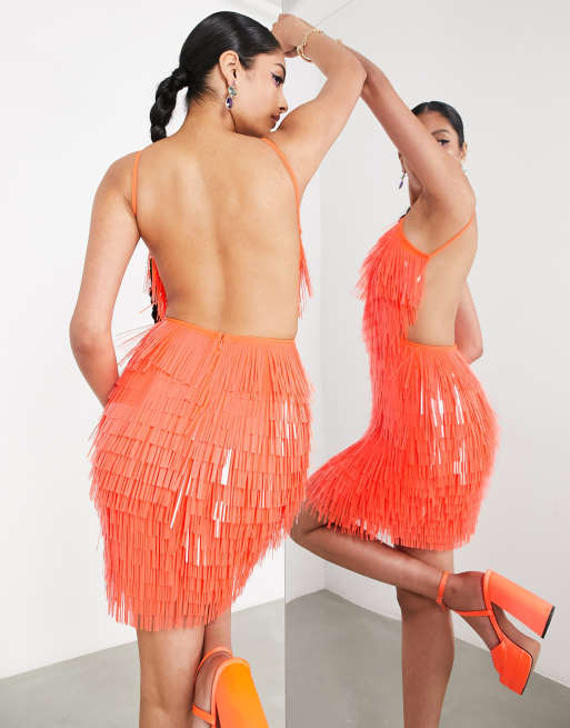 ASOS EDITION - Orange minikjole med halterneck og lang paillet-udsmykning, 2 af 4
