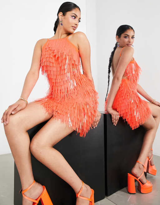 ASOS EDITION - Orange minikjole med halterneck og lang paillet-udsmykning, 4 af 4