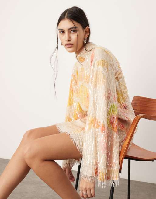ASOS EDITION – Orange, mönstrad miniklänning med paljetter, fransar och hög krage, 2 av 4