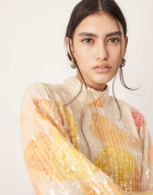 ASOS EDITION – Orange, mönstrad miniklänning med paljetter, fransar och hög krage, 3 av 4