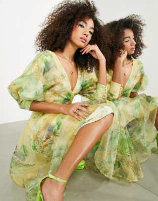 Asos Design Organza Blouson Sleeve Midi Dress In Yellow Floral Print