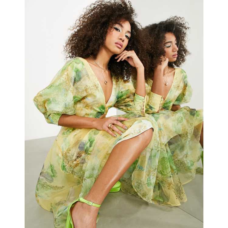 ASOS EDITION organza blouson sleeve midi dress in yellow floral print | ASOS