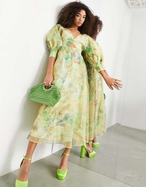 ASOS EDITION organza blouson sleeve midi dress in yellow floral print | ASOS