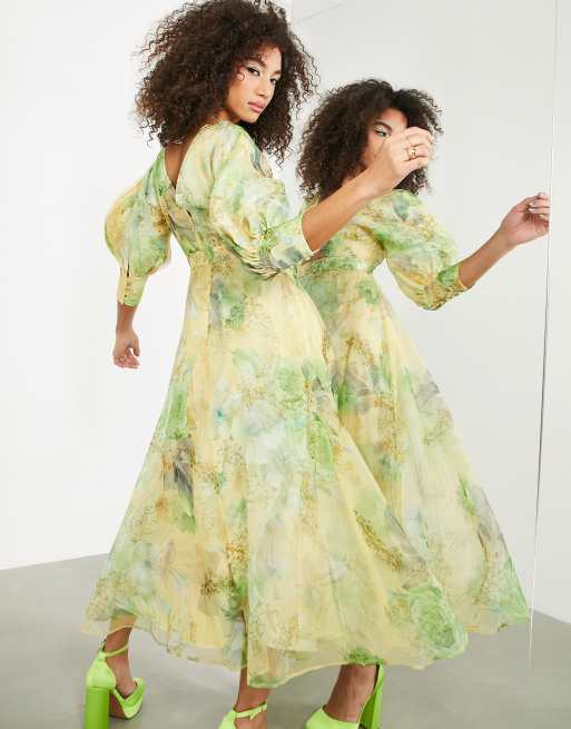 ASOS EDITION organza blouson sleeve midi dress in yellow floral print