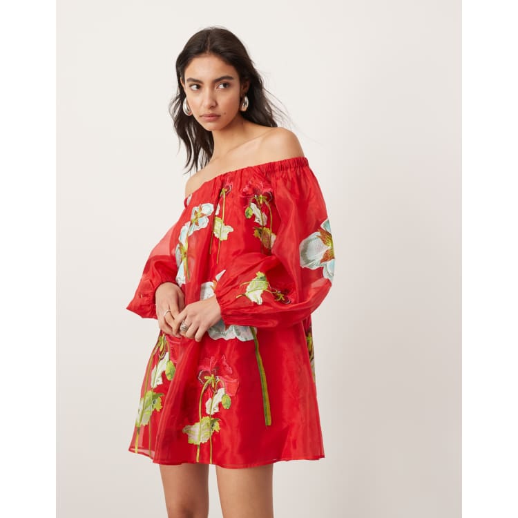 ASOS EDITION organza embroidered floral bardot full mini dress in red ASOS