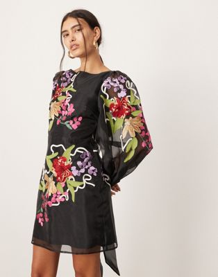 organza long sleeve embroidered tie back mini dress in black