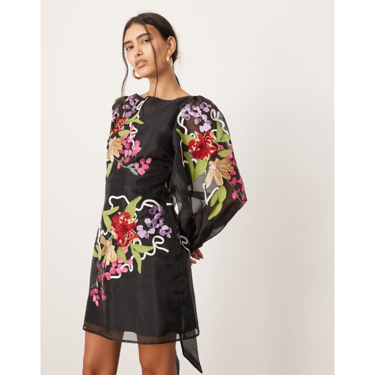 ASOS EDITION organza long sleeve embroidered tie back mini dress in black ASOS