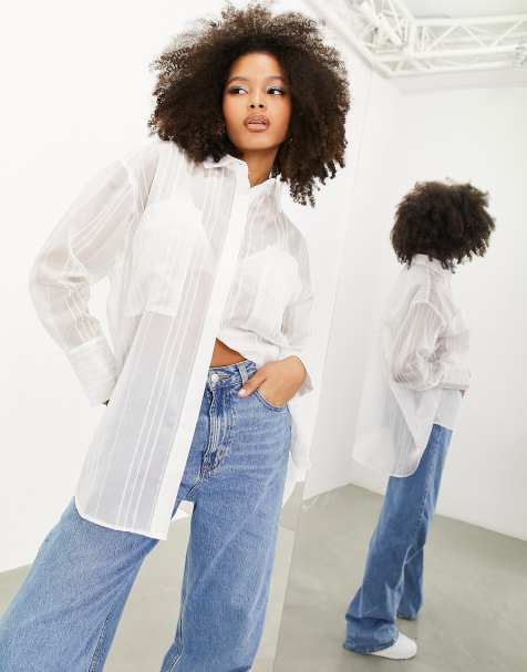 ASOS EDITION organza sheer oversized long sleeve shirt in white stripe - view 1