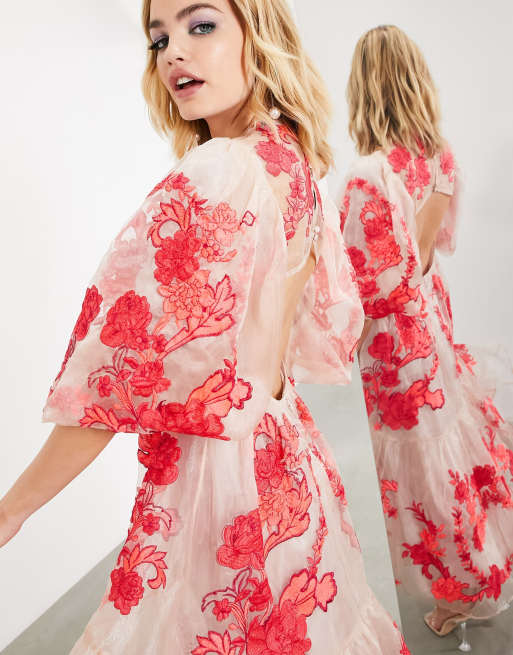 ASOS EDITION organza smock midi dress with floral embroidery in pink